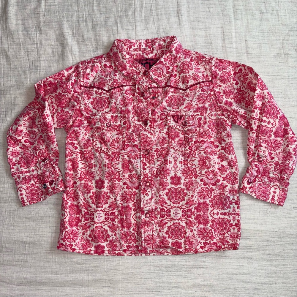 Cowgirl Hardware Western Floral Button-Down Shirt Pink & White Size 4T